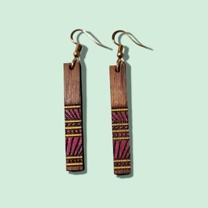 Walnut Wood Hand Painted Bar Earrings, hypoallergenic Gold Hooks